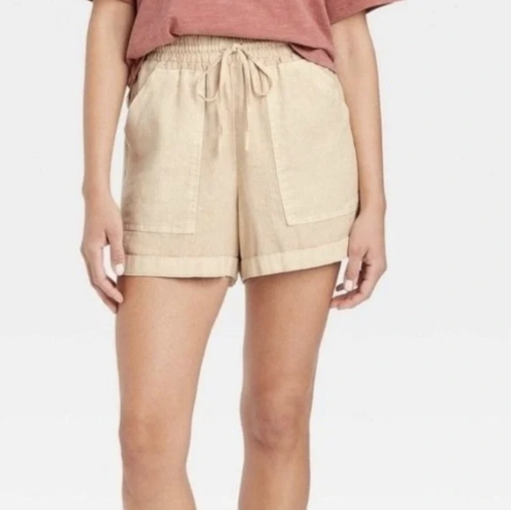 Cream Drawstring Elastic Waist Linen Shorts Pockets Universal Thread Plus Size